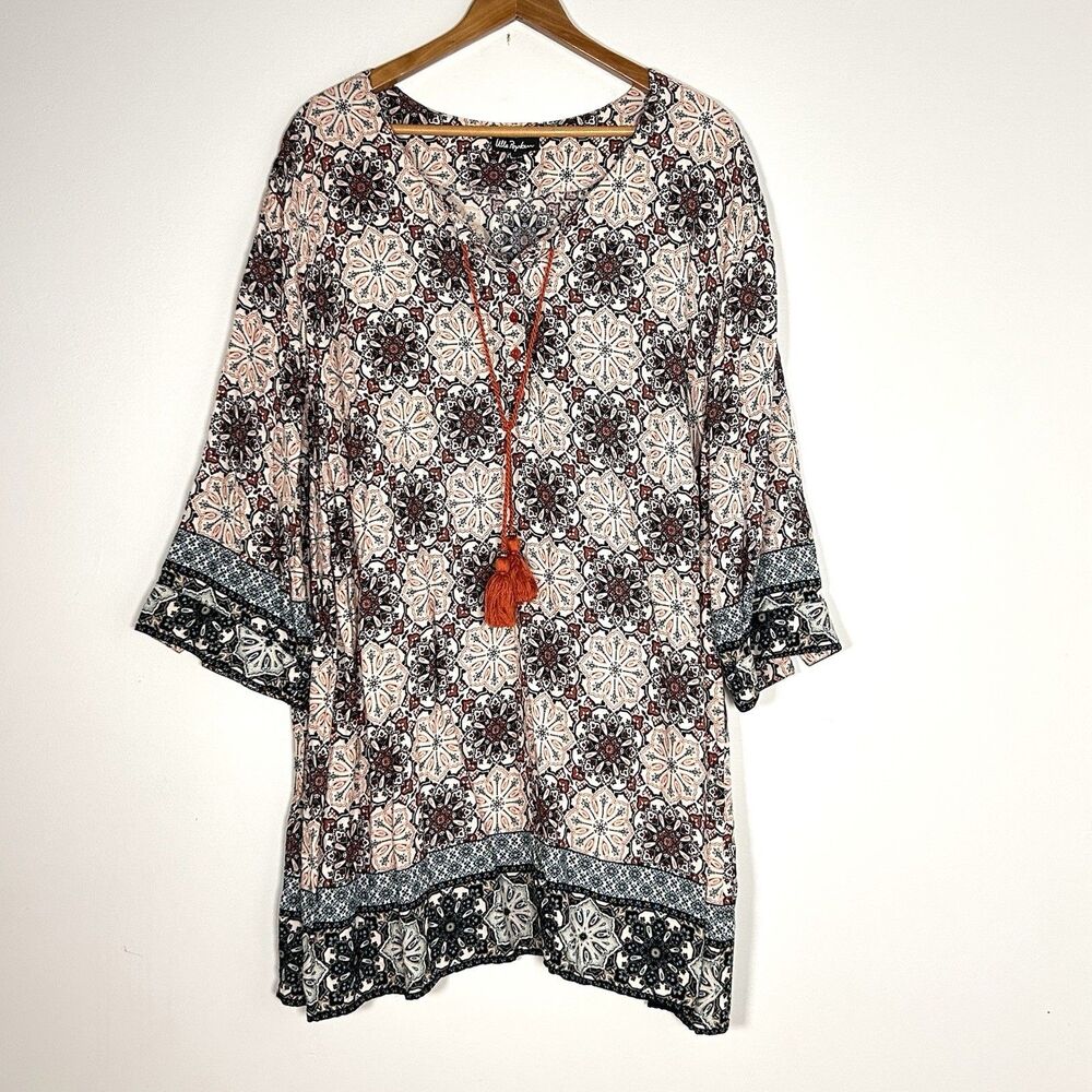 Ulla Popken Boho Dress Floral Medallion Tassel Tie 3/4 Sleeve Plus 24/26